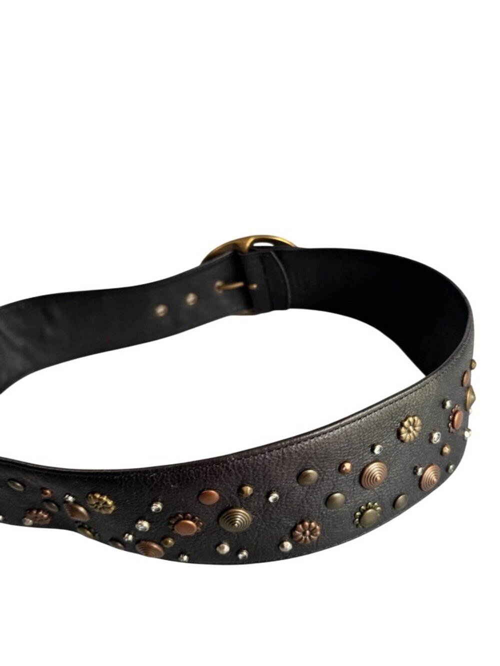 Wide Black Genuine Leather Studded Belt Boho Western Mixed Metal M 40" - Picture 6 of 7